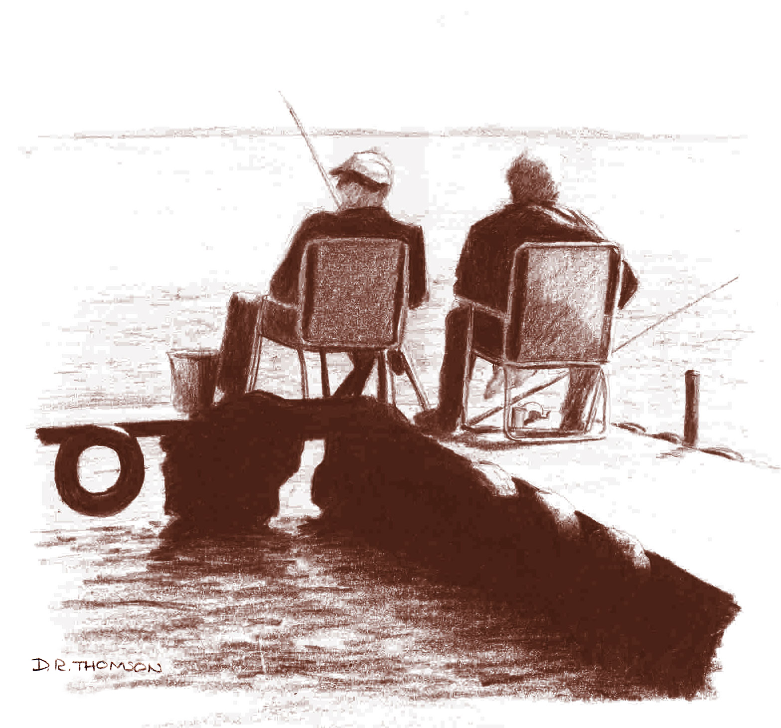 Couple fishing, Lake Bonney, Sth Aus - Sepia pencil